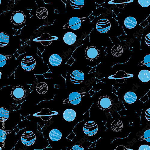 Seamless pattern with planets and constellations in night sky Poster