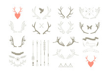 Antlers, Arrows, Ribbons. Decor Elements. Isolated.Vector