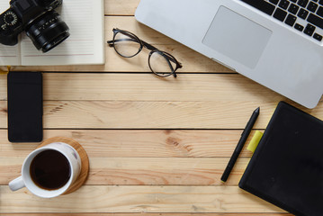 Working table of photographer or artist overhead view