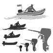 head coach of the club fishermen rides on a rubber boat with a motor.
set of silhouettes. totally vector illustration
