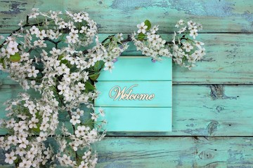 Wall Mural - Welcome sign with spring flowering blossoms