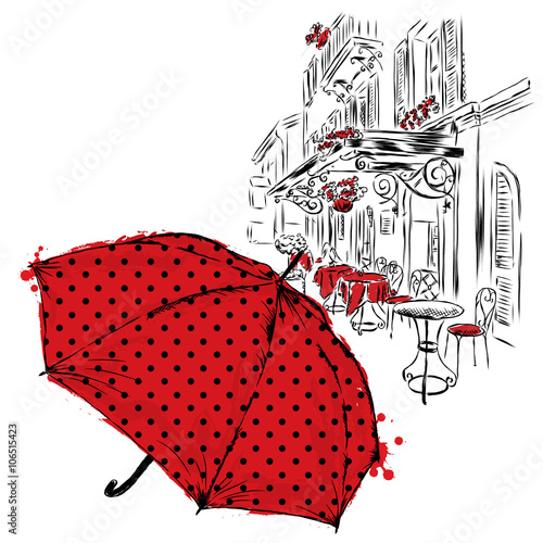 Naklejka na szafę Umbrella with polka dots on a city street. Vector illustration. Vintage.