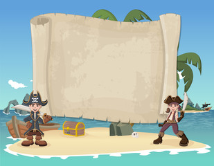 Wall Mural - Big pirate map and cartoon pirate children on a beautiful tropical beach 
