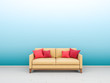 Interior picture with sandy yellow sofa and coral pink red pillows standing on white wooden floor with empty light blue gradient wall background. 3d rendering.