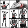 © staras - Pain in a man's body isolated on white background. Backache, heart attack, kidney pain, prostatitis and stomach-ache. Collage of body parts of several photos with red dots