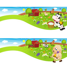 Two Banners With Farm Animals In Barnyard - Vector Illustration, Eps
