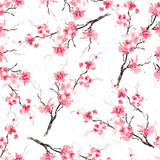Fototapeta Konie - Seamless pattern with sakura branches. Original watercolor background.