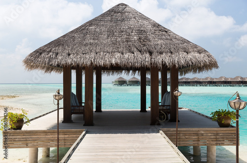 Fototapeta na wymiar patio or terrace with canopy on beach sea shore