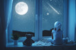 © JenkoAtaman - child little girl at window dreaming and admiring starry sky at