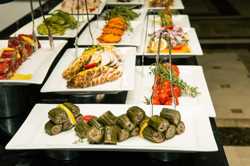 tray of assorted food for salad buffet