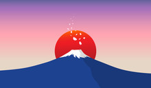 Fuji Mountain With Falling Sakura Petals And Red Sun In Background