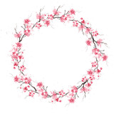 Fototapeta Konie - Spring cherry sakura wreath. Original watercolor pattern.