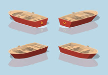Low Poly Red Punt Boat. 3D Lowpoly Isometric Vector Illustration. The Set Of Objects Isolated Against The Light-blue Background And Shown From Different Sides