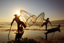 Traditional Fishermen Silhouette At Inle Lake