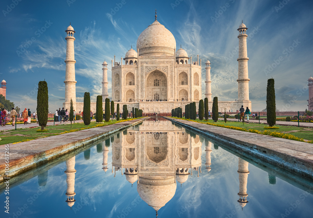 Taj Mahal India, Agra. 7 world wonders. Beautiful Tajmahal trave - obrazy, fototapety, plakaty 