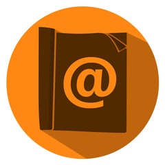 Dark contact book icon on orange round backtround with shadow, c