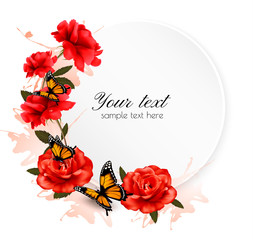 Poster - Holiday background with red flowers and butterfly. Vector.