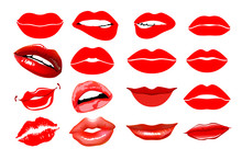 Lips Set. Design Element. Woman's Lip Gestures Set. Girl Mouths Close Up With Red Lipstick Makeup Expressing Different Emotions. EPS10 Vector.
