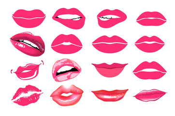 Wall Mural - collage, pink lips.  Vector illustration. Lips set. design element. Woman's lip gestures set. Girl mouths close up with red lipstick makeup expressing different emotions. EPS10 vector.