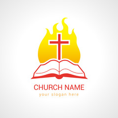 Wall Mural - Cross on the flame bible church logo.Template logo for the church in the form of the bible with the cross and flames