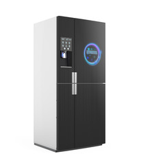 Smart refrigerator with ice dispenser function. User can touch icon on the door to discover more information of food and drink inside. 3D rendering image with clipping path.