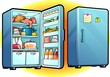 Refrigerator with Full Of Food. Closed and Opened. Cartoon style.  Kitchen concept. Vector Illustration