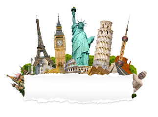 Wall Mural - famous monuments of the world with blank torn paper