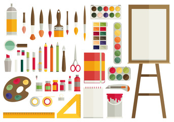  flat design vector illustration icons set of art supplies
