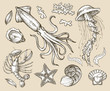 Hand drawn sketch set seafood, sea animals. Vector illustration