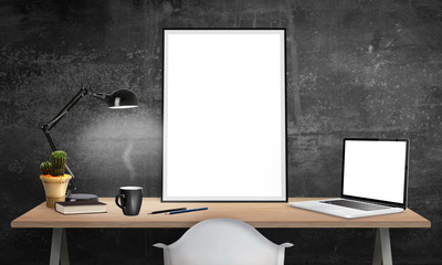 Aufkleber - Isolated poster frame and laptop on office desk for mockup. Lamp, cactus, pencils, book, cup of coffee on table.