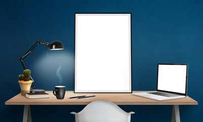Wall Mural - Isolated poster frame and laptop on office desk for mockup. Lamp, cactus, pencils, book, cup of coffee on table.