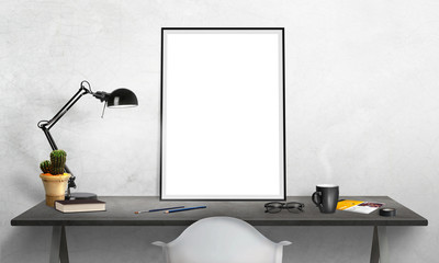 Poster - Isolated poster frame on office desk for mockup. Lamp, cactus, pencils, glasses, book, cup of coffee on table.