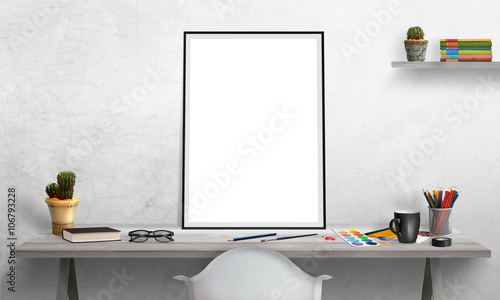 Isolated Poster Frame On Office Desk For Mockup Water Colors Isolated Poster Frame On Office Desk For Mockup Water Colors Pencils Gl