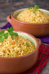 Wall Mural - Couscous with vegetables on morocco cloth
