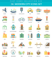 Aufkleber - Vector Modern City color flat icon set. Elegant style design.
