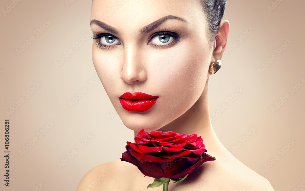 Model Red Flower Beauty fashion model woman with red rose flower Stock Photo | Adobe Stock