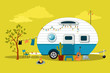 Cartoon travelling scene with a vintage camper, a fire pit, camping table and laundry line, EPS 8 vector illustration, no transparencies