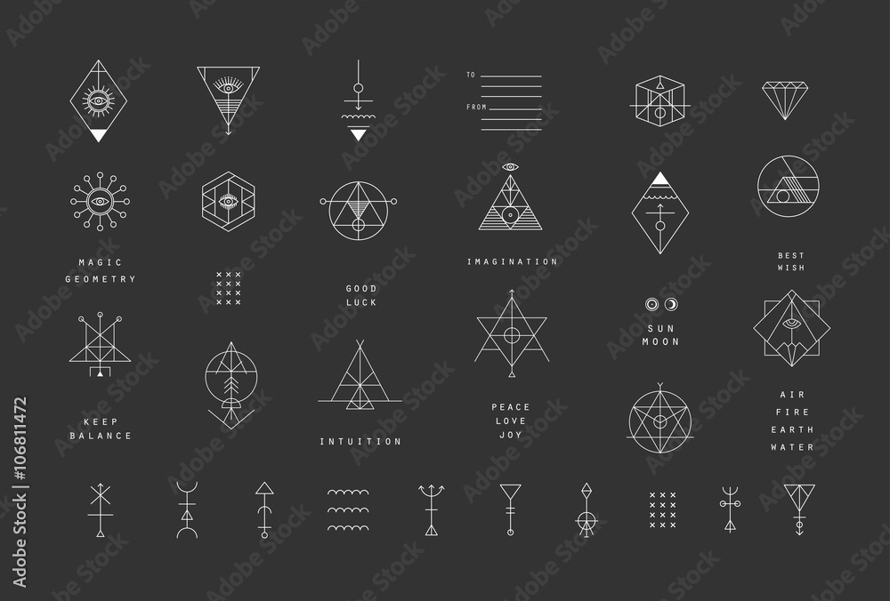 Set of vector trendy geometric icons. Alchemy symbols collection - obrazy, fototapety, plakaty 