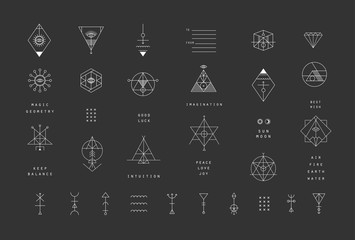 set of vector trendy geometric icons. alchemy symbols collection