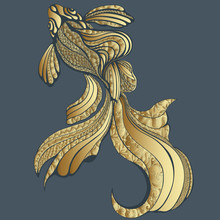 Abstract Gold Fish, Graphic, Vintage. Decorative Elegant Fish, With Golden Scales, With A Variety Of Gold Ornaments. Jewel Ornament. Jewelry, Brooch. Rich, Luxurious Design Element. Tattoo, Print