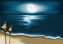 Beach/night Beach, The Ocean And The Moon