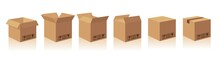 Open And Closed Recycle Brown Carton Delivery Packaging Box With Fragile Signs. Collection Vector Illustration Isolated Box With Shadow On White Background For Web, Icon, Banner, Infographic