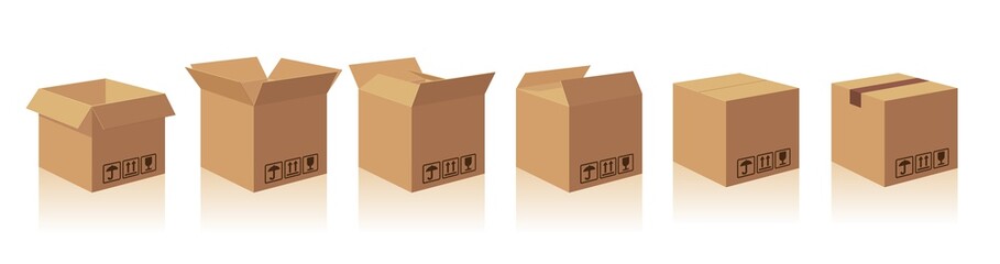 open and closed recycle brown carton delivery packaging box with fragile signs. collection vector il