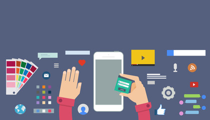 Banner in flat style with set of icons. Top view on desktop