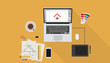 © Sughra - Banner in flat style with set of icons. Top view on desktop