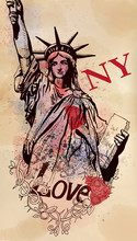 Statue Of Liberty And Love NY Doodle On Watercolor Drops