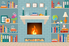 Living Room With Bookshelves, Fireplace. Flat Style Vector Illustration. Interior Design.