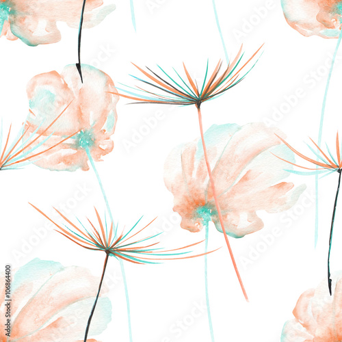 Fototapeta na wymiar Seamless floral pattern with the watercolor pink and mint air flowers and dandelion fuzzies, hand drawn on a white background