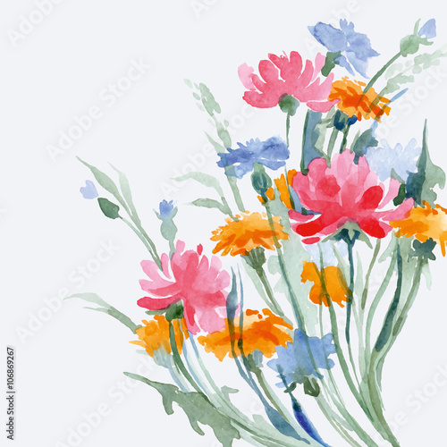 Naklejka - mata magnetyczna na lodówkę Watercolor painting of bouquet of a wild flowers. Summer background. Element for design. Vector illustration.