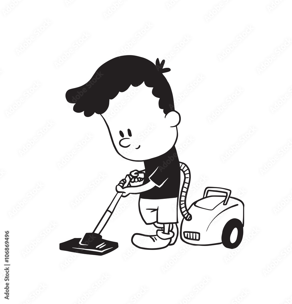 Vector de Stock Vector cartoon image of a cute little boy in shorts and  t-shirt cleaning with a vacuum cleaner and smiling on a white background.  Made in a monochrome style. Positive, image size:959x1000